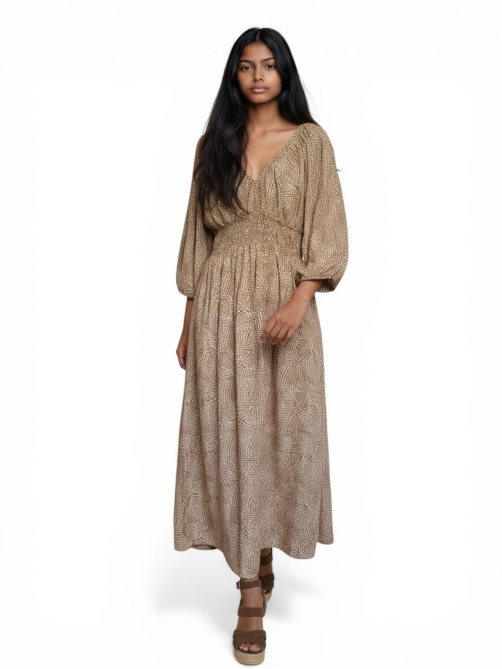 Madewell Brown Printed Midi Dress Size 8 Boho Smocked Waist Balloon Slv Pockets